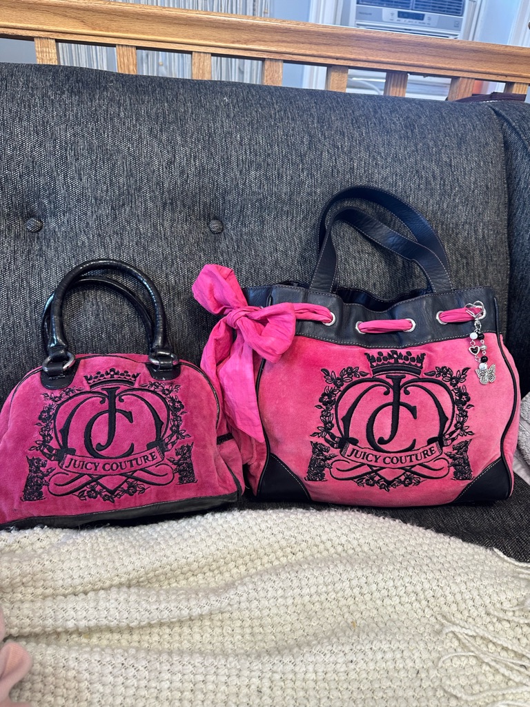 Juicy Couture Hot Pink Suede Tote And Satchel Set With Black Trim